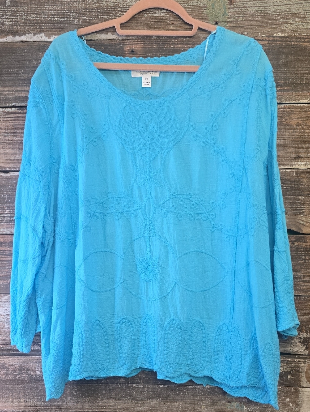 Studio Woman Light Blue Embroidered Women's Top - Casual Boho Style, Size 2X